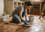 Woman kneeling on floor applying grout to terracotta tiles with trowel